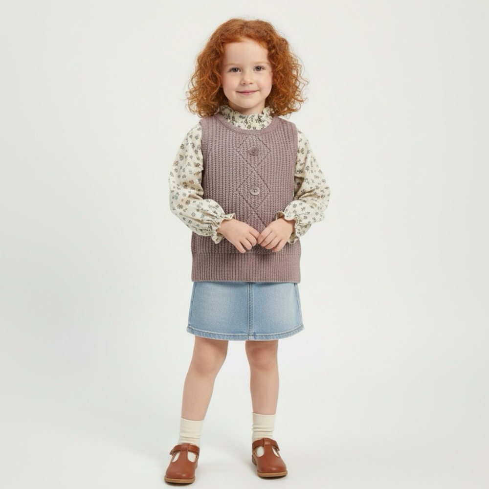 Zara Purple Knit Toddler Vest with Cream Floral Accents